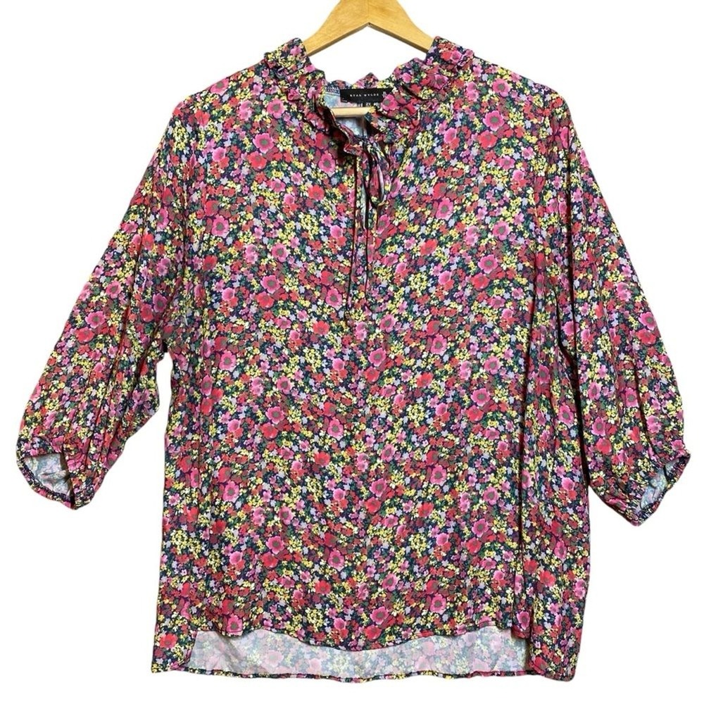 Ryan Wylde Women 2X Floral Blouse Ruffle Tie Neck Balloon Sleeve Cottagecore
